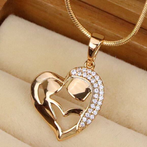 "Heart Shaped Mother & Child Pendant in Rose Gold with CZ Accents, XPPT1840 - Picture 1 of 13